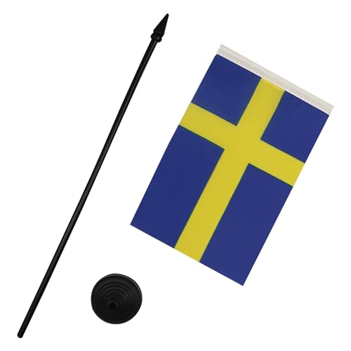 Image of Sweden Table Flag 4'' x 6'' - Swedish Desk Flag 15 x 10 cm - Black plastic stick and base - AZ FLAG
