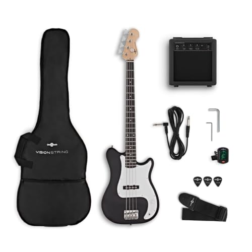 VISIONSTRING Electric Bass Guitar and Amp Kit for Adults and Beginners Full Size Bass Guitars, Black