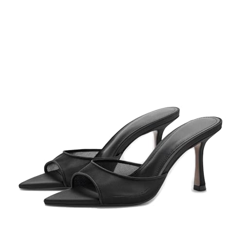 Image of Riekhany High Heel Mules for Women Slip On Open Pointed Toe Classy Patent Leather Stiletto Pumps Formal Slingback Mule Sandals Dress Walking Shoes