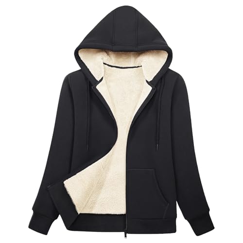 JULGIRL Warme Damen-Wintermäntel, Sherpa-Futter, Fleece-Thermojacke, leichte Jacke mit 2 Reißverschlusstaschen, Schwarz, Medium