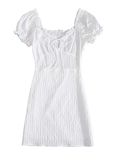 Floerns Women's Sweetheart Neck Puff Sleeve Ruch Frill Trim Tie Front Mini Dress White M