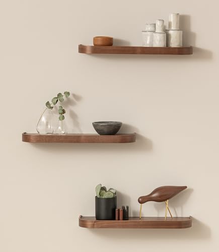 Kazai.® Estantería Pared Set 'Toke' | 3 Baldas Flotantes Pared en Chapa de Madera Natural | Estante Pared para Decoración y Almacenamiento en Baño, Cocina, Sala, Dormitorio y Más | Nogal