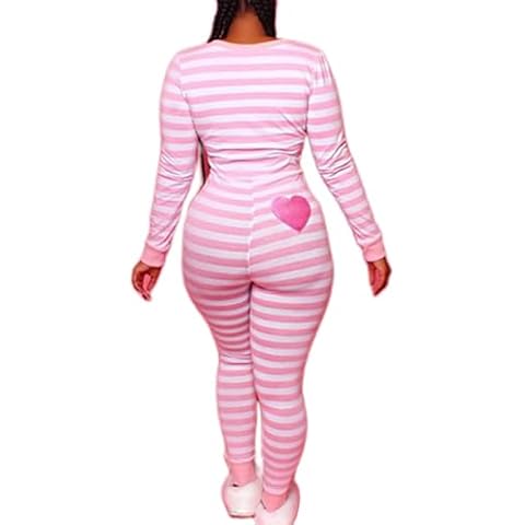 Sunloudy Women 's Valentine's Day Jumpsuit Pajamas Long Sleeve Deep V Neck Striped Print Bodysuit Pajamas Nightwear (Pink,Medium) Cover
