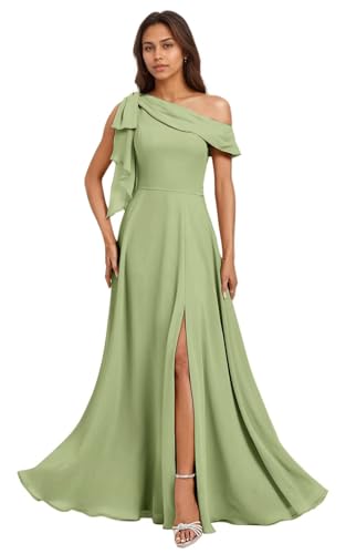 One Shoulder Chiffon Bridesmaid Dresses Long with Slit A-Line Pleated Ruffles Formal Dresses for Women