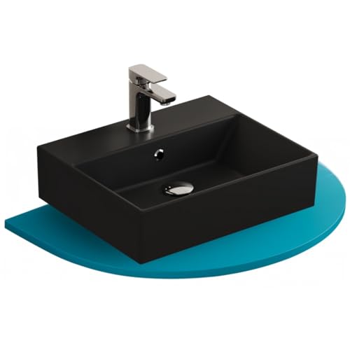 Aqua Bagno Handwaschbecken 50 cm Keramik schwarz Matt, Hängewaschbecken eckig für Wandmontage,...