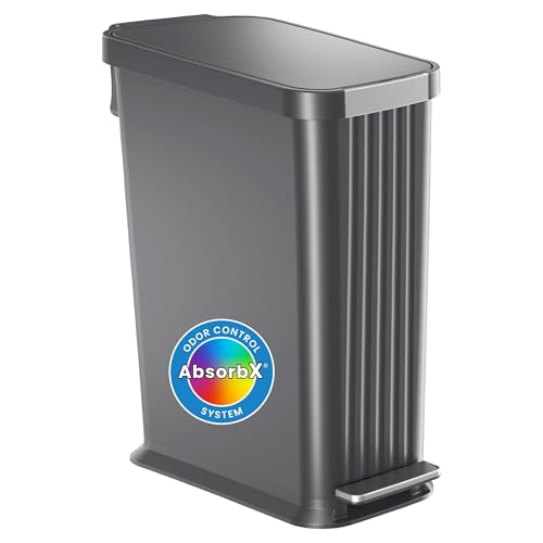 Image of iTouchless SoftStep 50 L / 13.2 Gallon Slim Step Pedal Kitchen Trash Can with Odor Filter, Indoor Recycling Bin, Durable Dent-Proof, Stainless Steel Trim Garbage Bin with Lid, Home Office Gray Plastic
