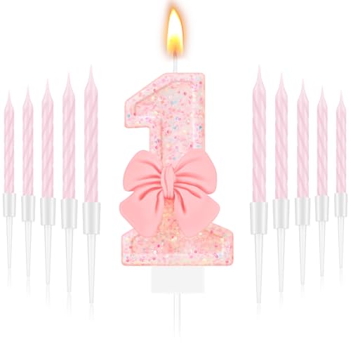MTLEE 1st Number Birthday Candle Girls Pink Bow Glitter Happy Birthday Number Cake Topper with 10 Long Thin Spiral Cupcake Candle Bowknot Cake Decorations for Wedding Anniversary Princess Theme Party