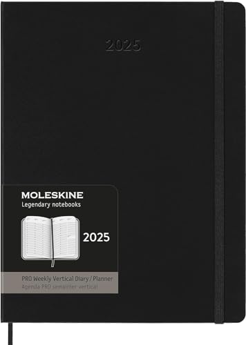 Moleskine Weekly Planner, Agenda Semanal Vertical Pro 12 Meses 2025, Tapa Dura y Cierre Elástico, Color Negro, Formato Extra Grande 19x25 cm