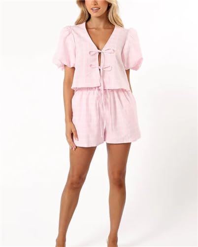 Image of Yuemengxuan Women Y2k Peplum Shirt Shorts Set Two Piece Lounge Set Pajamas Sets Puff Sleeve Tie Front Top 2pcs Pj Outfits