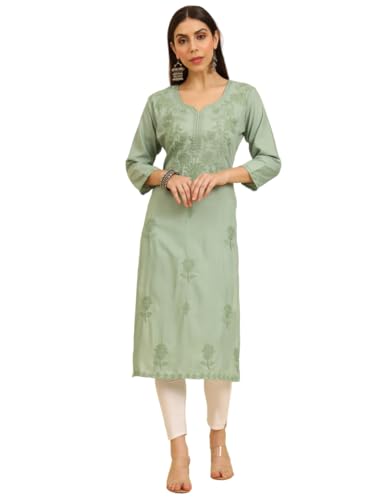 Image of Women's Chikankari-Lucknowi Embroidered Work | 3 /4 Sleeve | Knee Length | Round Neck | Cotton Fabric | Straight Kurta