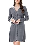 KOJOOIN Damen Nachtkleid Langarm Nachthemd V-Neck Loose Nachtwäsche Lange Sleepshirt mit Durchgehender Knopfleiste(Verpackung MEHRWEG),Grau,M