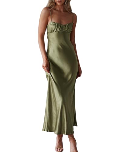 Satin Spaghetti Strap Backless Ruched Twist Cocktail Dresses for Women Silk Open Back Cut Out Midi Dress Wedding Guest