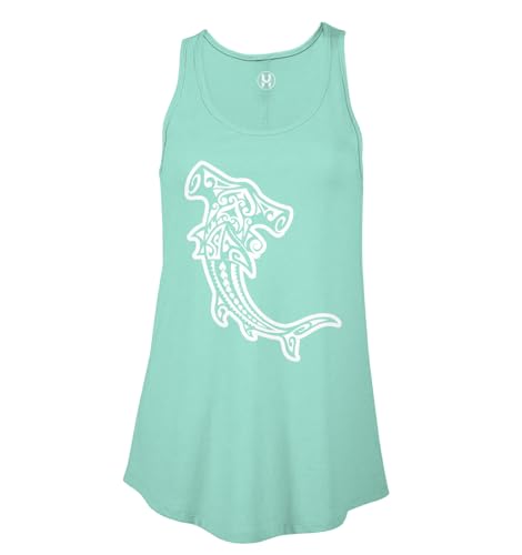 Tribal Pattern Hammerhead Shark - Ladies Flowy Tank Top (Teal, X-Large)