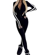 EROSEL 1 Piece Women'S Sexy Slim Fit Long Sleeve Striped Half Zip Sport Jumpsuit Romper Workout Set