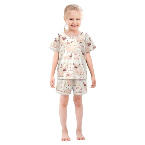 ALAZA Highland Cattle Flower White Pajamas Set Short Sleeve Cotton Sleepwear Summer Pjs 2 Piece 5-14Y3
