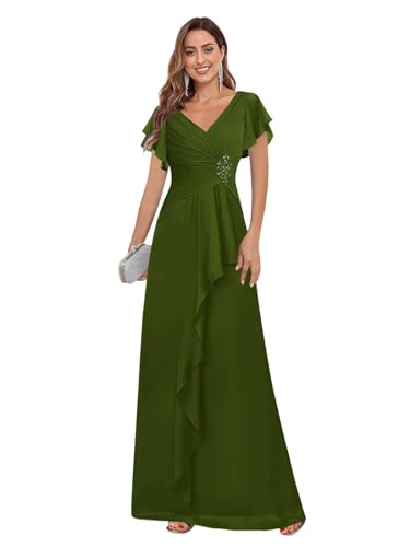 AUMEELAM Cape Sleeves Chiffon Mother of The Bride Dress Lace Applique V-Neck Ruched Wedding Guest Dresses
