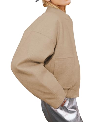 Womens Wool Blend Bomber Jacket Casual Cropped Boxy Fit Coat Elastic Hem Snap Button Outwear with Pockets