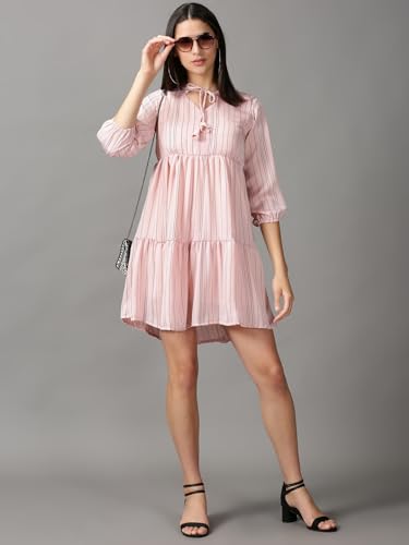 Image of SHOWOFFFF Women Stripe Print Fit and Flare Casual Dress | Round Neck 3 /4th Sleeves Satin Dress for Womens | Above Knee Dress for Women's