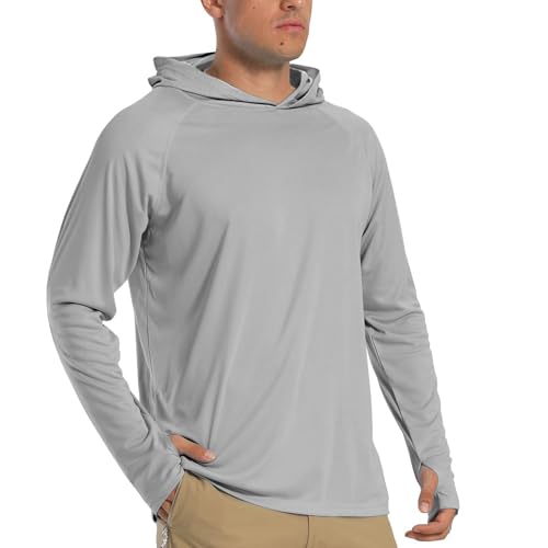 TACVASEN Herren Sonnenschutz Hoodie Sommer Atmungsaktiv Langarmshirts UPF 50+ mit Kapuze, Hell Grau, L