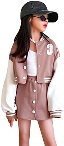 Children Kids Toddler Girls Long Sleeve Patchwork Baseball Coat Jacket Outer Patchwork Skirt Outfit (Khaki, 9-12 Years)