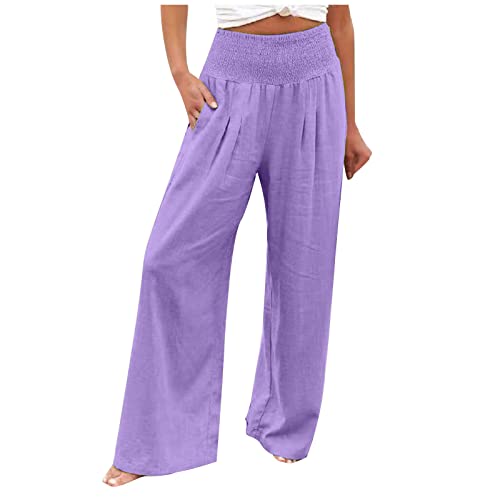 Linen Pants Women's Flowy Boho Pants Wide Leg Palazzo Pants High Wasit Casual Pants Comfy Lounge Pants Trousers