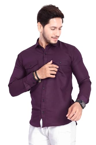 Image of Men's Cotton Spread Collar Full Sleeve Regular Fit Solid Casual Shirt with Double Pockets - Stylish Comfortable Shirt for Everyday Wear