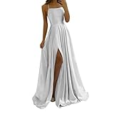 Generisch Freizeitkleider Damen Sommer Einfarbiges Damen-Abendkleid, sexy Rücken, ausgehöhltes Chiffon-Kleid mit Schlitz vorne Chiffon Kleider Damen (White, L)