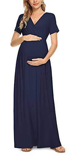 Xpenyo Maternity Dresses Women's Summer Casual Short Sleeve V Neck Wrap Long Maxi Dress Pregnancy Clothes for Baby Shower, Photoshoot, Party, Daily, Nursing, Navy Blue L