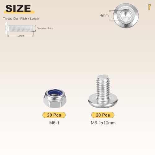 Image of METALLIXITY Crib Screws Replacement Set(M6-1x10) 40Pcs, Silver Tone, 304 Stainless Steel Hex Socket Screws with Lock Nuts - for Furniture Woodworking Project, Silver Tone