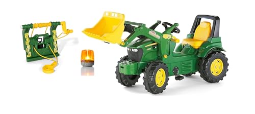 Rolly Toys rollyFarmtrac John Deere mit Frontlader, Seilwinde und Blinklicht (3-teiliges Set, Trettraktor für Kinder ab 3 Jahren mit Zubehör) 710454
