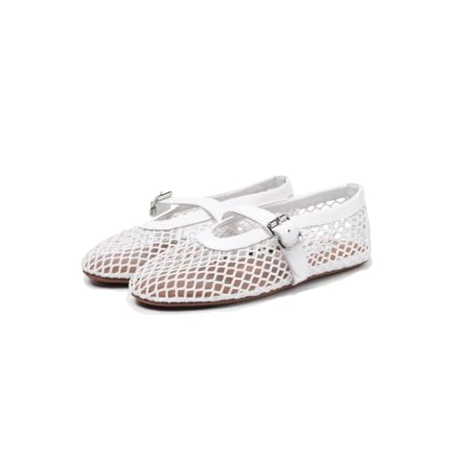 Women’s Mesh Ballet Flats with Buckle Strap, Wide Width, White