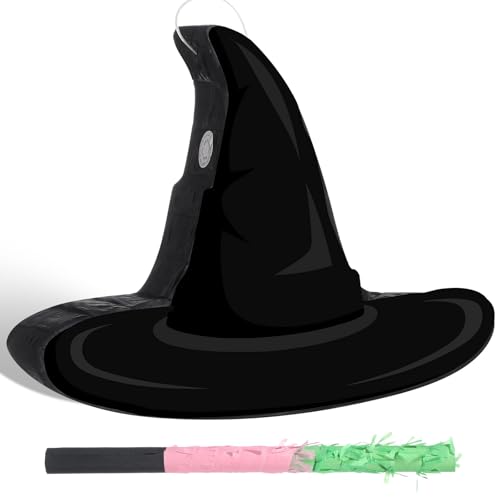 Kasyat Witch Hat Piñata Green and Pink Party Game Set Witch Theme Piñata with Bat Stick Blindfold Mask Pink Green and Black Party Decor for Theme Birthday Baby Shower Game Supplies Decor (Witch Hat)