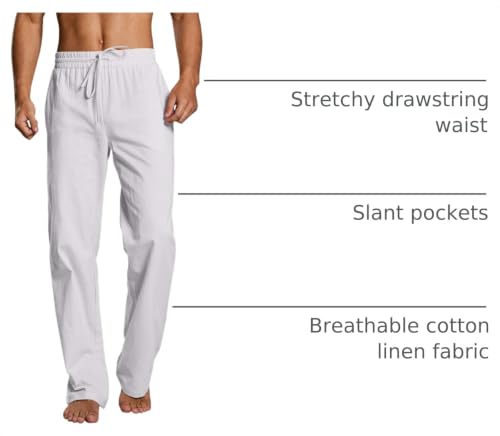 Image of PASLTER Mens Cotton Linen Pants Casual Summer Beach Pants Dress Trousers | Loose Fit, Elastic Drawstring Waist, Lightweight, Straight-Legs, Slacks, Yoga, Work, Vacation, Quick Dry