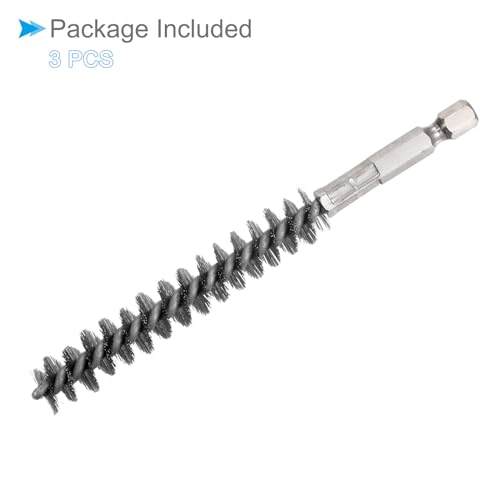 Image of Bore Brush, 12mm Dia 75mm Length, Stainless Steel Twisted Cleaning Wire Brushes with 1 /4 inch Hex Shank - (Applications: for Power Drill), 3-Pieces