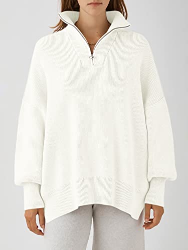 Image of ANRABESS Womens Oversized Quarter Zip Pullover Sweaters | Fall Fashion Outfits, Long Sleeve Slit Side, Baggy Loose Fit, 1 /4 Zip Lapel Collared, Ribbed Knit Soft Warm Winter Clothing