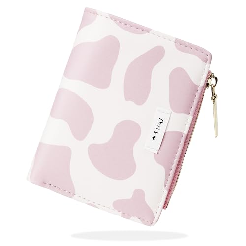 Image of CONISY Cute Wallets for Women, Leather Bifold Small Wallet with Zipper Coin Purse, RFID Blocking Wallet for Girls and Ladies, Cow Pink, 4.52 x 3.54 x 0.59 inches, Moden