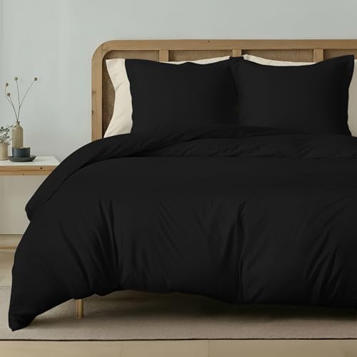 Utopia Bettwäsche-Set – 3-teiliges Mikrofaser-Set – Beinhaltet 1 Bettbezug 240 x 220 cm mit sicherem Reißverschluss und 2 Kissenbezüge 65 x 65 cm mit Hotelverschluss (Schwarz)