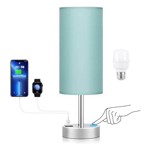 Teal Touch Bedside Lamps for Bedroom - Small Coastal Nightstand Lamp with USB-C and USB A Charging Ports, 3 Way Dimmable Control Table Lamp for Office, Dorm with Fabric Shade Silver Base