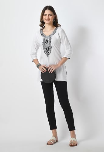 Image of LIBOZA Short Kurti for Women - Lakhnowi Chikankari Embroidered Ladies Kurta, Stylish Girls Top, Ethnic Half Kurtas, Tunic Design Woman Kurtis
