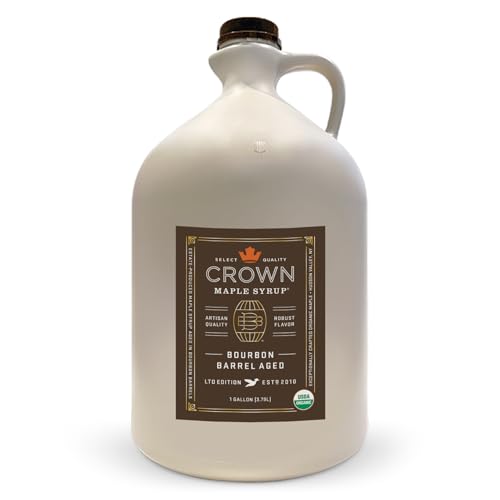Crown Maple Bourbon Barrel Aged Organic Maple Syrup, 128 Fl Oz, Pancakes, Flavor Cocktails, Marinades and Sauces