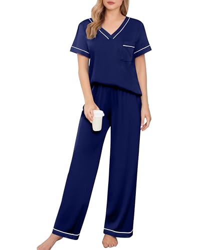 Ekouaer Women's Pajama Sets Short Sleeve V Neck Sleepwear Nightwear Soft Pjs Lounge Sets with Pocket...
