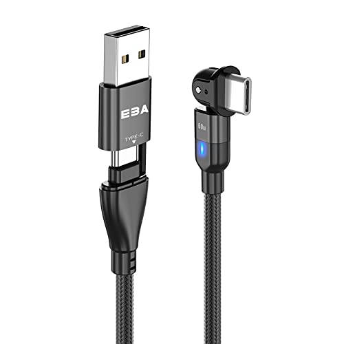 EBA Câble de données USB type C + USB type A charge rapide 180 degrés, 3A,60W,20 V, 1 Mètre, Câble USB type C, câble de charge et de données USB C Câble de charge rapide (PD60W 180°)-(Noir) Cover