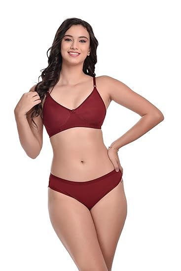 Image of Women's Cotton Lingerie Set with Full Coverage Bra and Hipster Panty, Non-Padded 1 Pair Lingerie Set