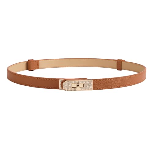 Women Skinny Leather Belt with Rhinestone Turn-Lock Buckle, Adjustable Thin Waist Belts for Dresses, Jeans, Coats (Brown)