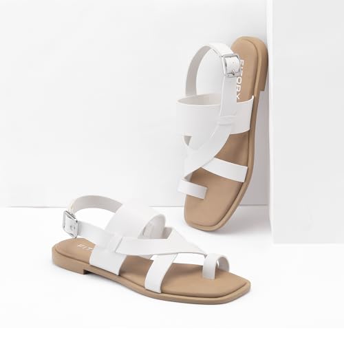 Fitory Womens Flat Adjustable Strap Sandals With Casual Fashion Slingback Slides And Split Toes Style For Lady Summer White Size 9 thumb #4