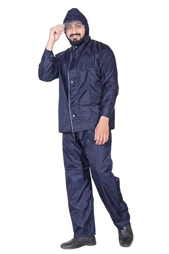 HSR Raincoat 100% Waterproof Polyester Double Layer Standard Length Rain Coat For Men Bike with Pants, Adjustable Hood