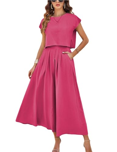 Image of HangNiFang Summer Skirt Sets Women 2 Piece Outfits Cap Sleeve Top Elastic Waist Maxi Dress Sets with Pockets