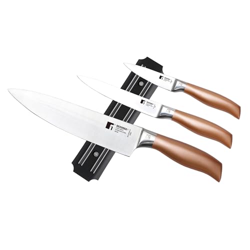 Bergner Copper Set de 3 Cuchillos en acero inoxidable + Soporte magnético de pared