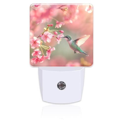 Image of Hummingbird with Cherry Blossoms Night Light Plug into Wall, Pink Flowers Bird Dusk to Dawn Night Light Plug in,0.5w Energy Saving Sleep Friendly NightLight for Kids Boys Girls Home Decor