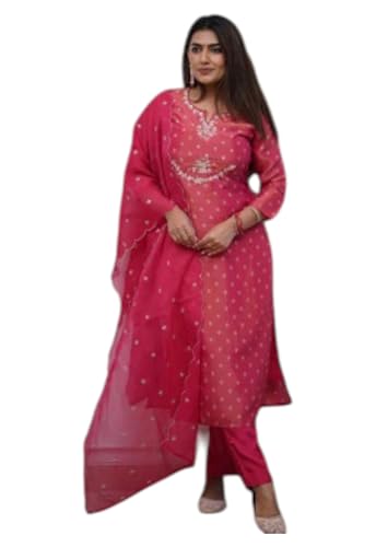 Kurta en organza rose avec dupatta et broderie droite pour femme